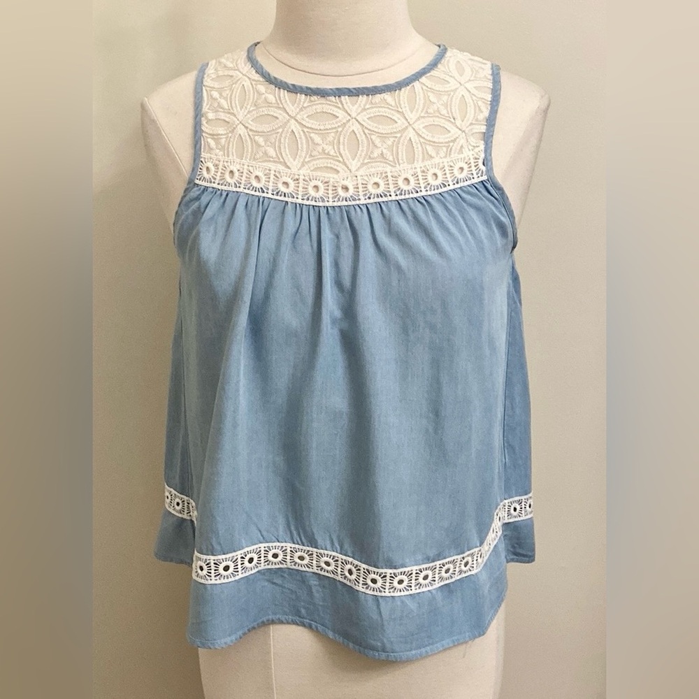 Hint of Mint Blue Chambray Cream Lace SZ M Romantic Cottagecore Boho Chic Top